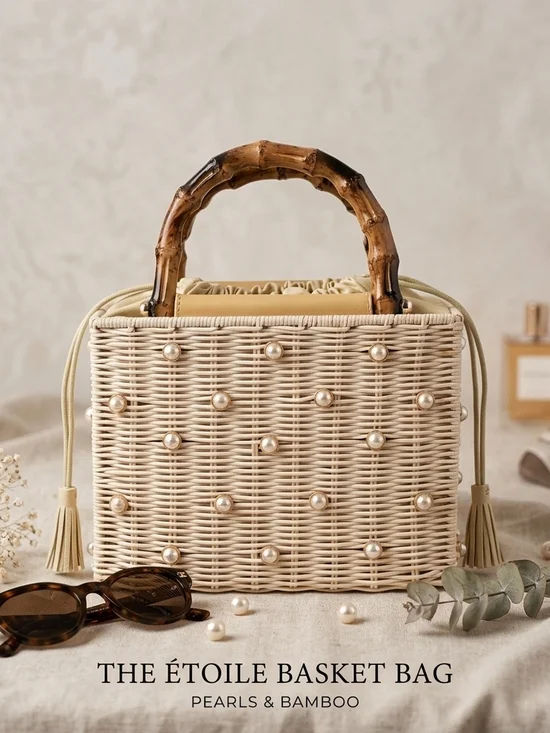 Maxie Evening Women’s Pearl-Embellished Wicker Top-Handle Bag in Cream - Picture 6 of 7